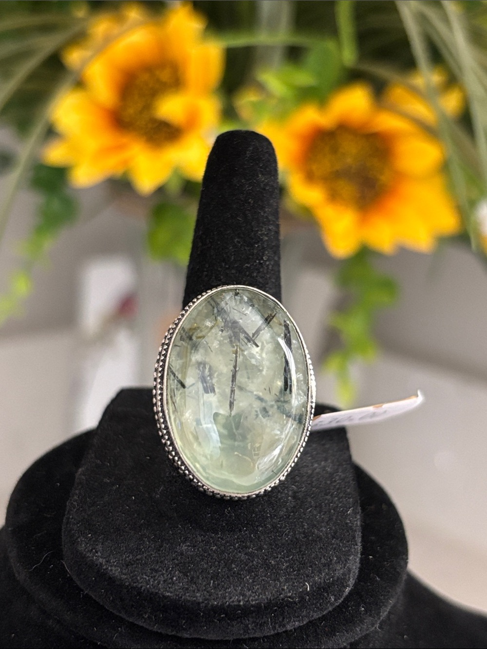 Sterling Silver Green Oval Prehnite Gemstone Ring Size 8